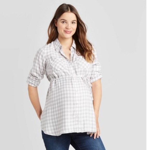 Maternity Plaid Popover Tunic Top  Gray - Picture 1 of 5